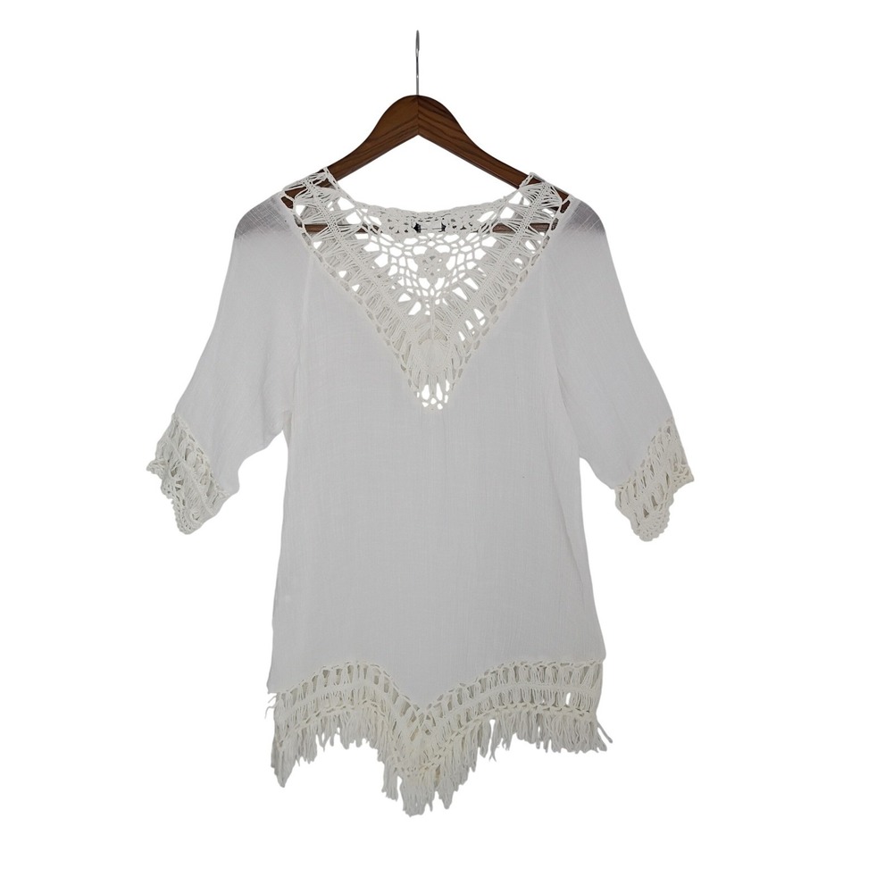 Venus White Crochet Lace V Neck Tunic Cover Up Top Shirt L - Picture 4 of 9